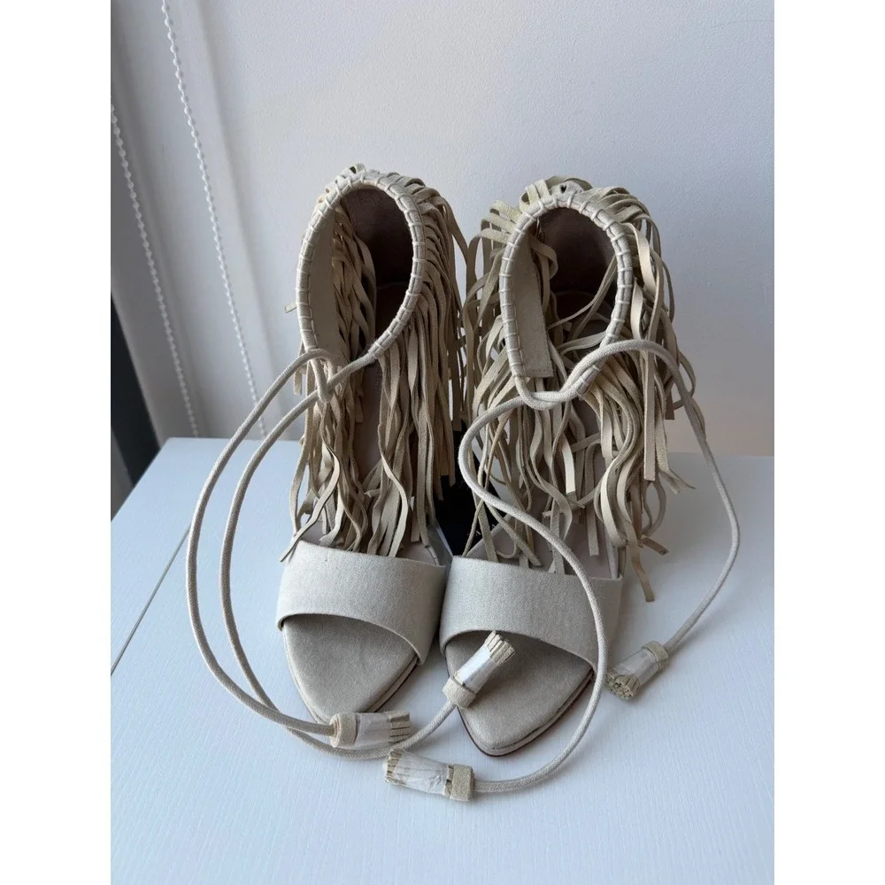 Zara Beige Faux Suede Fringe Lace Up Tassel Stiletto Heeled Sandals Size 8  NWT